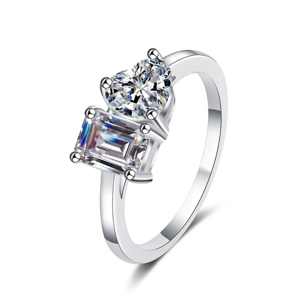 Certified 2 ct. t.w. Moissanite Diamond Emerald & Heart Cut Wedding Ring NEW